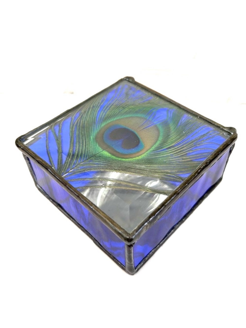 Peacock Feather Blue Stain Glass Art Trinket Jewelry Box